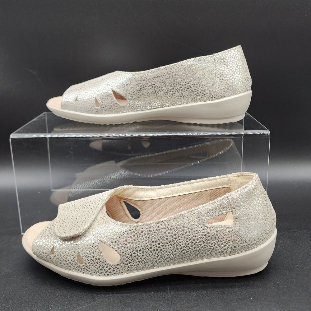 Cosyfeet 9.5 Silver Metallic Open Toe Wedge Sandal Comfort Orthopedic Wide Fit